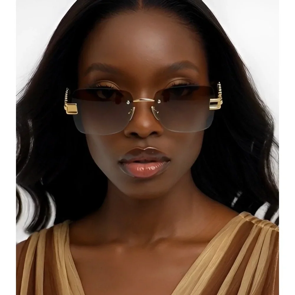 Rimless Sunglasses Gold Chain Link Arms Brown Lens Fashion Sun Glasses Women New
